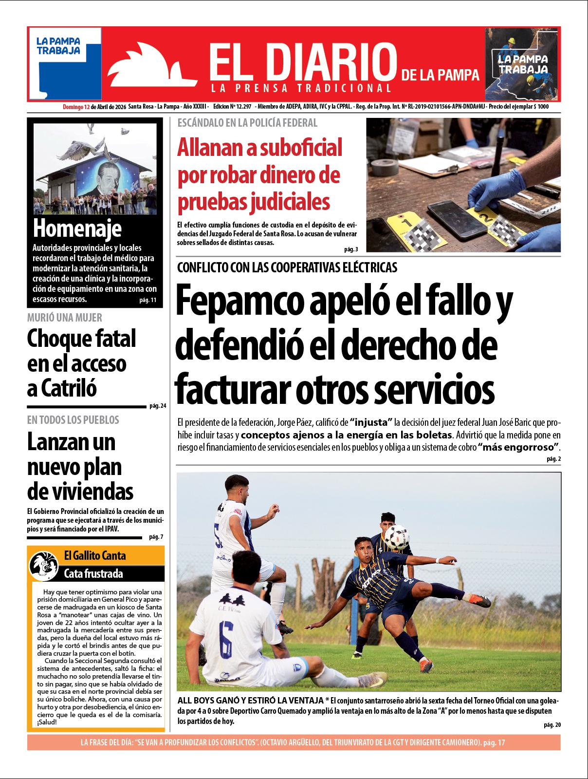 Tapa de El Diario en papel  domingo 12 de abril de 2026